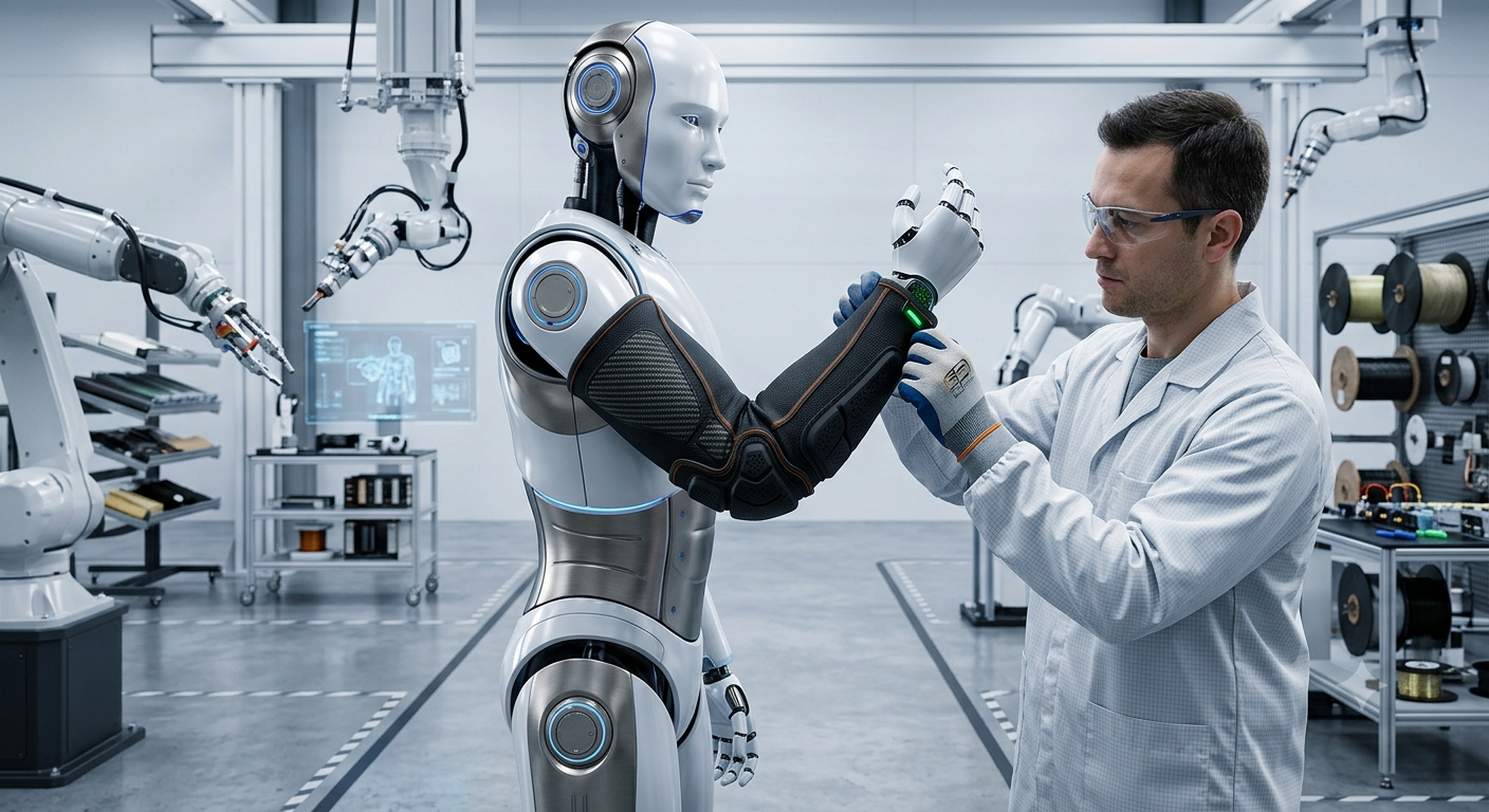 A sleek humanoid robot being fitted with a precise industrial protective sleeve in an advanced automated workspace, showcasing high-tech marketplace apparel design.